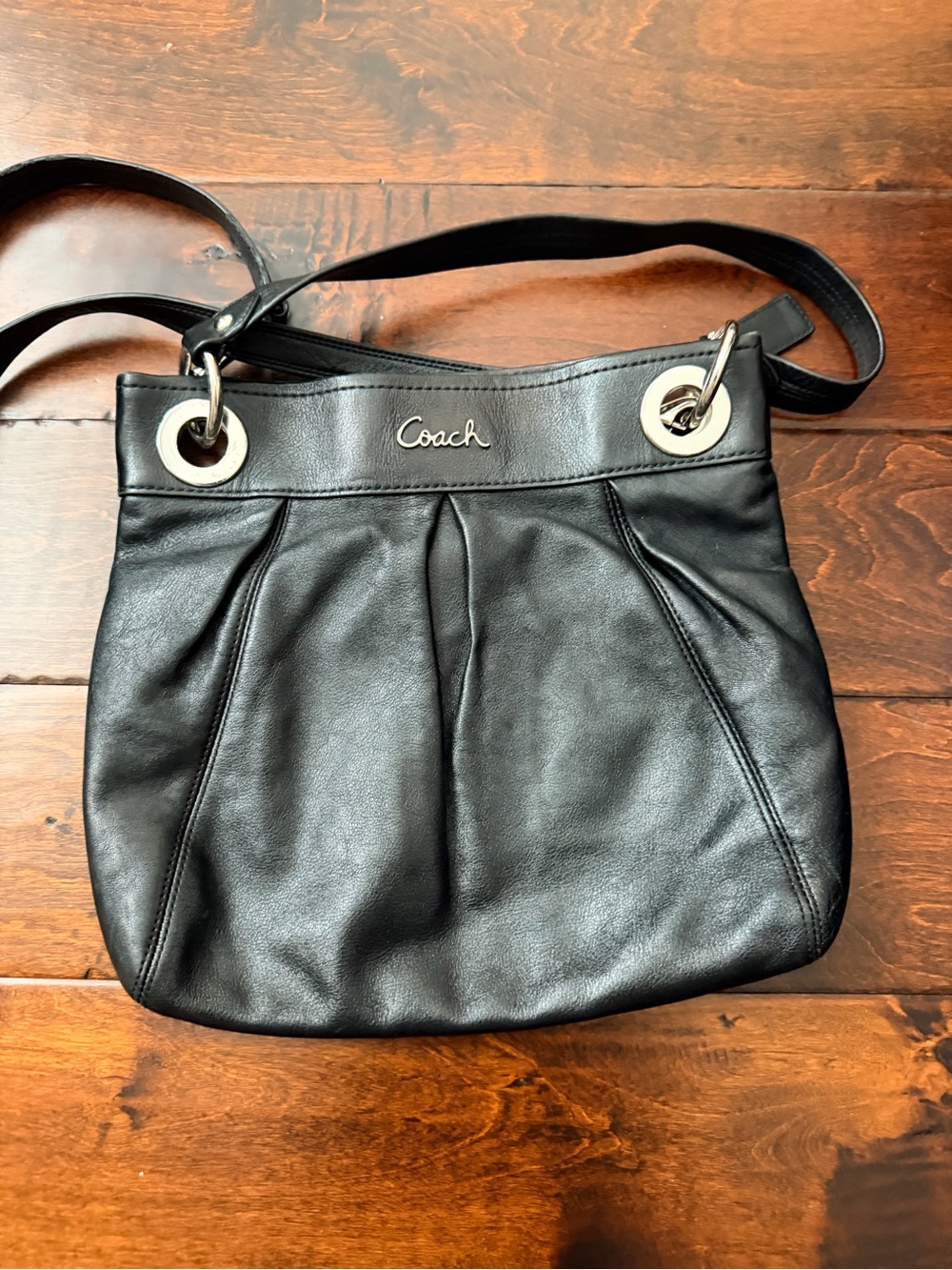 Coach Black Leather Crossbody with Silver Grommets